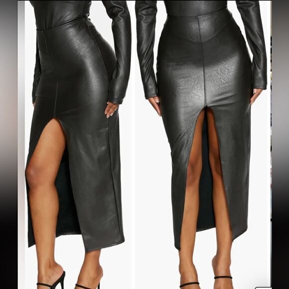 NWT Naked Wardrobe Black Faux Leather Midi Skirt 2X Front Slit - Picture 15 of 15